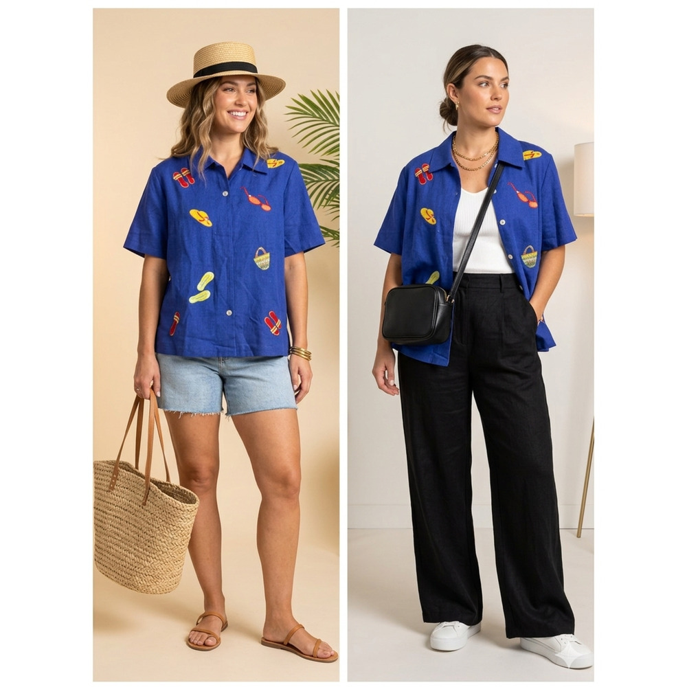 Women's Blue Linen Blend Shirt Embroidered Tropical Boho Coastal Resort Size 16